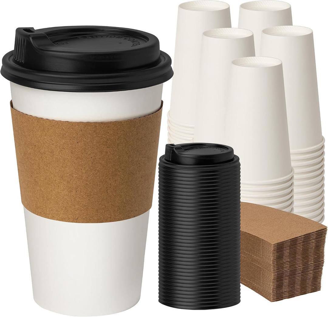 16 oz 100 Pack Disposable Coffee Cups with Lids and Sleeves, To Go Coffee Cups with Lids, Hot/Cold Beverage Drinking Cup for Coffee, Tea