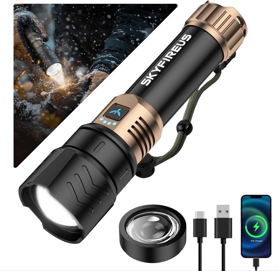 SKYFIRE LED Flashlights High Lumens with Ignition Lens, 1500,000lm Super Bright Rechargeable Flashlight, Zoomable, Four Modes, Waterproof Tactical Flash Light for Camping Essentials, Outdoor, Home&Gifts