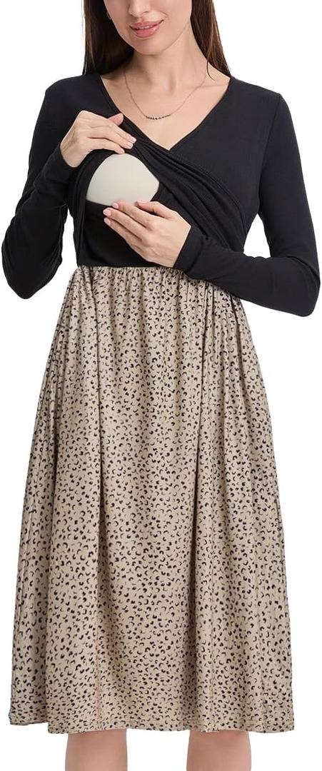 Liu & Qu Women's Maternity Nursing Dress Long Sleeve V-Neck with Pockets Patchwork Pregnancy Dresses Breastfeeding Clothes (Medium, F522 Floral)