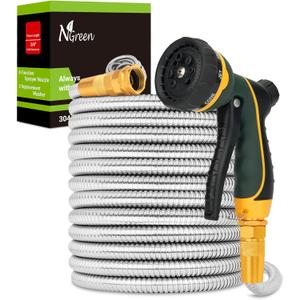 NGreen Stainless Steel Garden Hose - Flexible Metal Water Hose with Nozzle, Puncture, Rust Proof and Corrosion Resistant, Never Kink and High Pressure, Collapsible and Easy to Store (75FT)