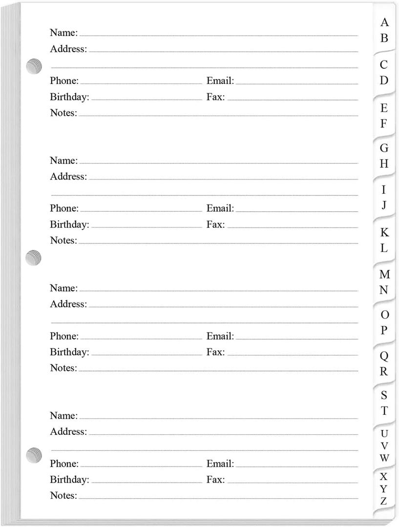 Half Letter Size Address Book Refills for 3 Ring Mini Binders - A-Z Telephone Address Notebook Refill Paper with Alphabetical Tabs, 120gsm White Paper, 5.8" x 8.3"