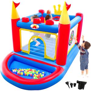 WELLFUNTIME Inflatable Bounce House with Blower, PVC Bouncer for Kids Ages 3-8, Indoor and Outdoor Bouncy Playhouse, Jumping Castle with Pump, Ball Pit, Ringtoss and Target Game, Bouncer for 3 Kids, 70 inches x 65 inches x 98 inches
