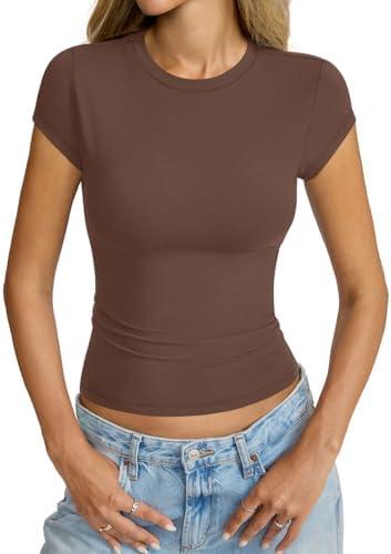 Eachyes Womens Cap Sleeve Tops Crew Neck Short Sleeve Shirts Slim Fit Basic Tees Summer Outfits Clothes 2026 Small