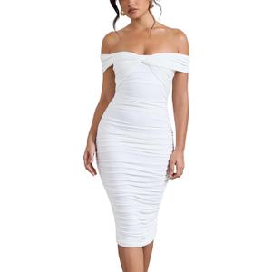 GOBLES Women's Sexy Off The Shoulder Twist Wrap Short Sleeve Ruched Bodycon Midi Party Dress (Large, White) GOBLES Women's Sexy Off The Shoulder Twist Wrap Short Sleeve Ruched Bodycon Midi Party Dress (Large, White)