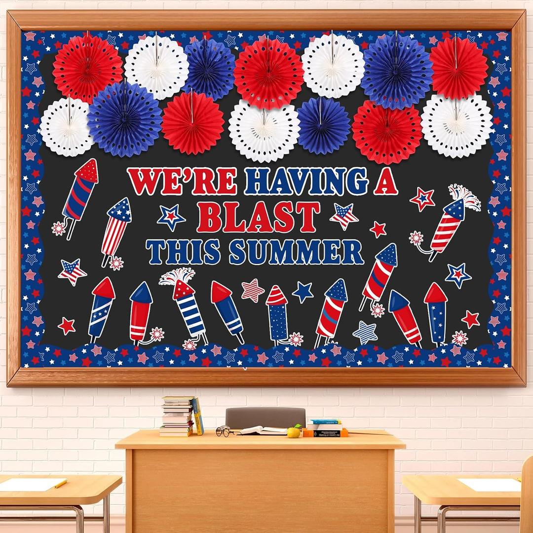 Gilprop 4th of July Bulletin Board Set Patriotic Theme Classroom Decorations USA Independence Day Firework Cutouts Red Blue White Paper Fans Decor for Veterans American Memorial Day School Supplies