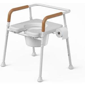 3-in-1 Bedside Commode for Seniors | 350 lbs Heavy Duty Iron Commode Chair with Padded Arms & Seat, Sturdy Toilet Safety Frame & Raised Toilet Seat, Height Adjustable, Bucket, Splash Guard