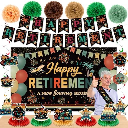 20pcs Retirement Decorations for Men Women Coloful Vintage Happy Retirement Banner Backdrop Hanging Swirls Pompoms Table Honeycomb Centerpieces Retired Sash Farewell Retired Decorations Supplies