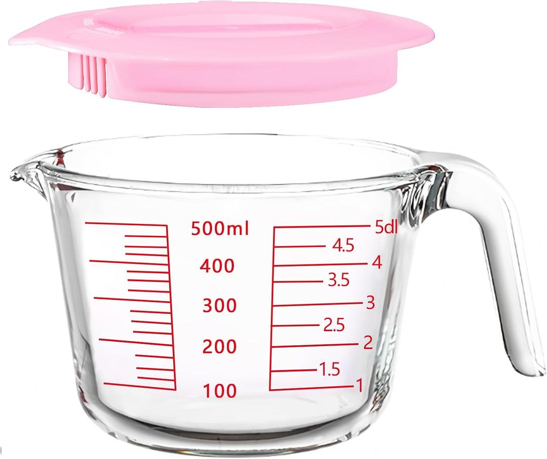 2-Cups Glass Measuring Cups with Lids Set, Measuring Jugs with Handle Liquid Measuring Cups Kitchen Mixing Bowl, Microwave, Oven, and Dishwasher Safe