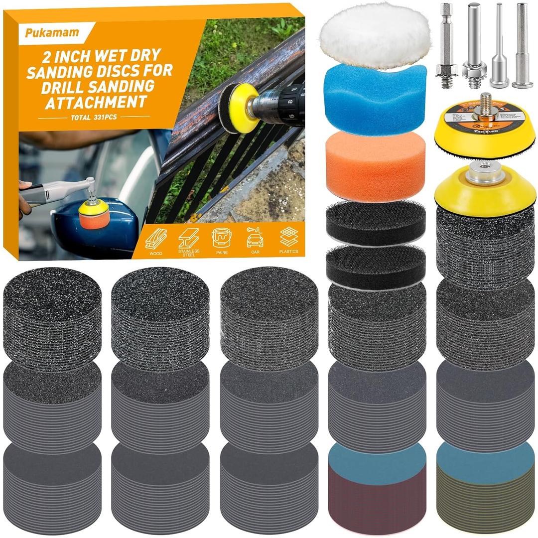 331 PCS 2 Inch Wet Dry Sanding Discs Grit 60 80 120 150 180 240 320 400 600 800 1000 1500 2000 3000 5000 10000 Hook and Loop for Drill Sanding Attachment