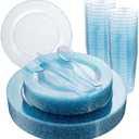 Rubtlamp 180Pcs Blue Glitter Dinnerware Set(30 Guests), Blue Plastic Plate With Glitter Disposable Silverware, Glitter Plate Set Include 30Dinner Platos, 30Dessert Platos, 90Cutlerys, 30Cups for Party