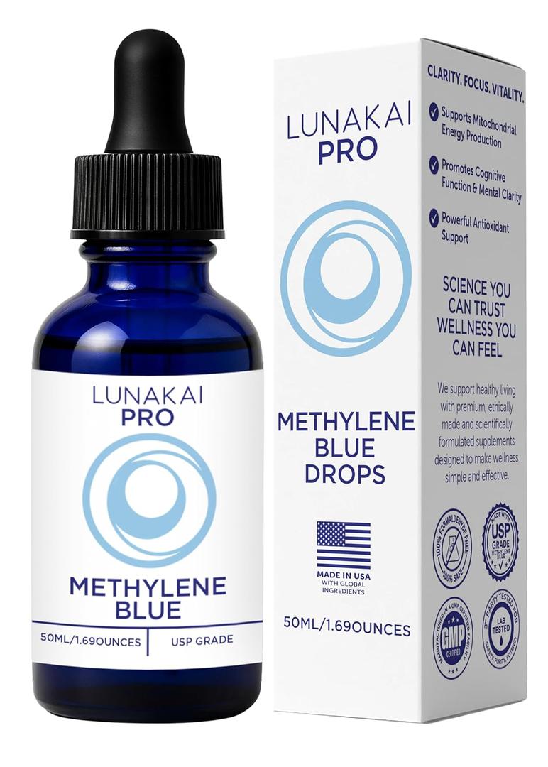 Lunakai PRO USA Made Methylene Blue Pharmaceutical Grade  99.99% Pure USP Grade 1% Methylene Blue Drops for Humans  Cognitive & Focus Support Supplement, Exp Date: 01/2028