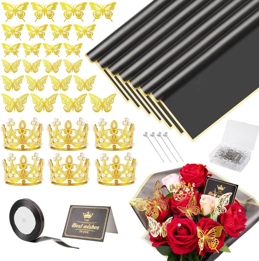 MAGIDOVE 156PCS Bouquet Wrapping Paper Flower Bouquet Accessories with Pins Ribbons 3D Butterflies Mini Crowns Topper Greeting Cards