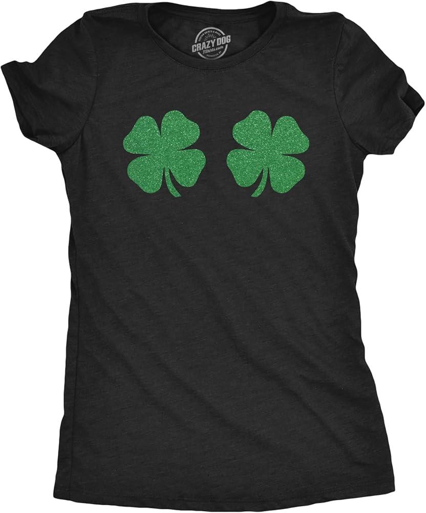 Womens Clover Tits Tshirt Funny Glitter Four Leaf Clover St. Paddy's Day Parade Boob Novelty Graphic Tee for Ladies (Heather Black)
 S
