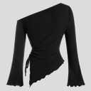 Milumia Women's Ribbed Knit One Off The Shoulder Asymmetrical Long Bell Sleeve Tops Y2K Going Out Tee Shirt Tops (Black, S)