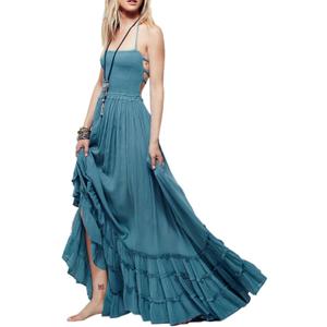 R.Vivimos Womens Summer Boho Sexy Backless Long Dresses (Size Small, Blue)