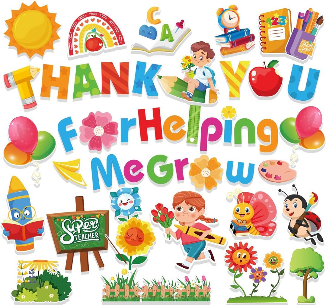 HOWAF 48pcs Teacher's Appreciation Classroom Bulletin Border Decoration,Thank You for Helping Me Grow Cutouts for Teacher's Day First Day of School Border Window Classroom,Thank You Teacher Cut-Outs