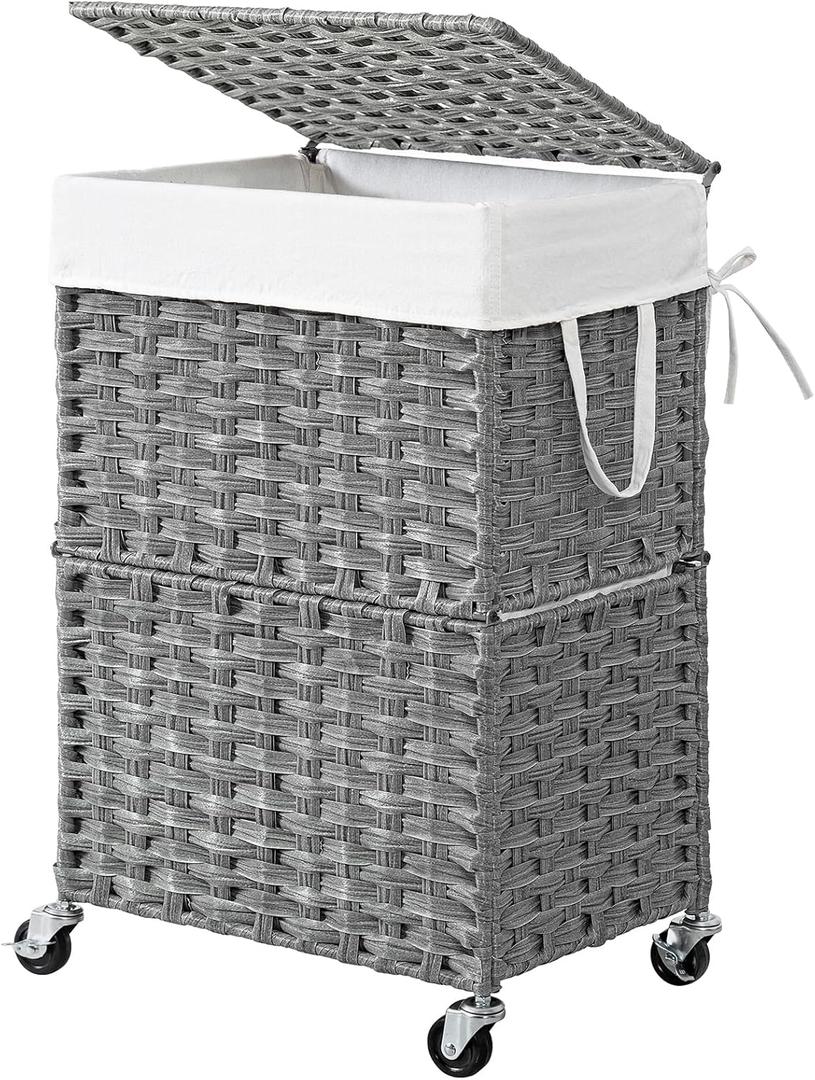 Chrislley 90L Slim Laundry Hamper with Wheels, Rolling Laundry Basket with Lid and Renovable Liner Bag, Handwoven Rattan Organizer for bedroom, bathroom, laundry room (Grey)