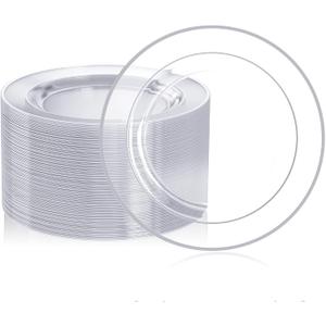 FOCUSLINE 100 Clear Silver Plastic Plates 10 Inch, Disposable Clear Plates with Silver Rim, Premium Hard Plastic Plate Fancy Disposable Dinner Plate for Wedding Parties