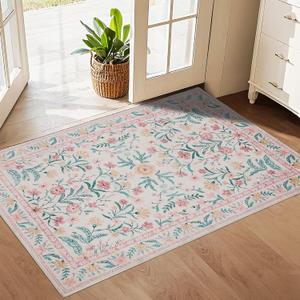 Pink Entryway Rug 2x3, Floral Distress Print Carpet, Low Piles Indoor Rugs, Washable Door Mat, Living Room Entrance Traditional Distressed Retro Accent Throw Rug, Non Slip Perfect for Office Bathroom