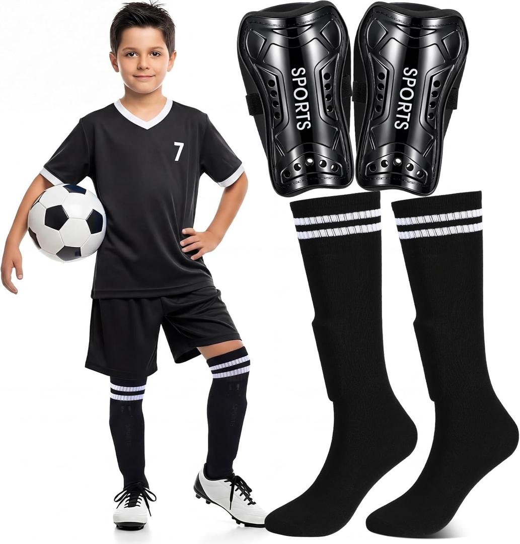 Soccer Shin Guards and Socks for Kids Youth Lightweight 7.09 x 3.54 Inches Football Shin Guards for 6-12 Year Old Children Teen Boys and Girls(Black)