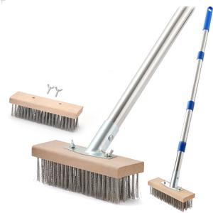 Stainless Steel Wire Scrub Brush with 63" Long Handle, 2PCS 8" Brush Heads, Heavy Duty Large Wire Brush, Stiff Metal Bristle Floor Scrubber, Patio Floor Cleaning, Wire Broom for Concrete, Deck, Moss