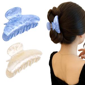 2Pcs Acrylic Claw Clips Large Hair Clips Barrettes Nonslip Hair Accessories with Strong Hold Jaw for Women Various Hairs Types Styles (White & Blue)