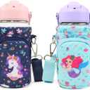 Water Bottle Carrier Bag for Kids, Insulated Holder With Adjustable Strap for 10/12/14/16/18oz Bottles, Sleeve for Boys Girls School Travel Sports (2 Packs-Mermaid+Unicorn)