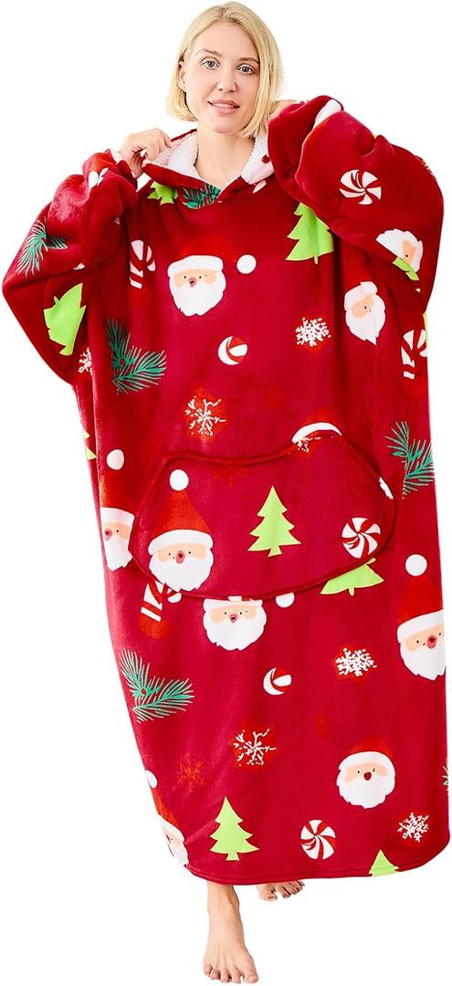 Moinlizy Wearable Blanket Hoodie, Long Thick Hooded Blanket Oversized for Adults Women Men with Pocket and Sleeves (Red Xmas)