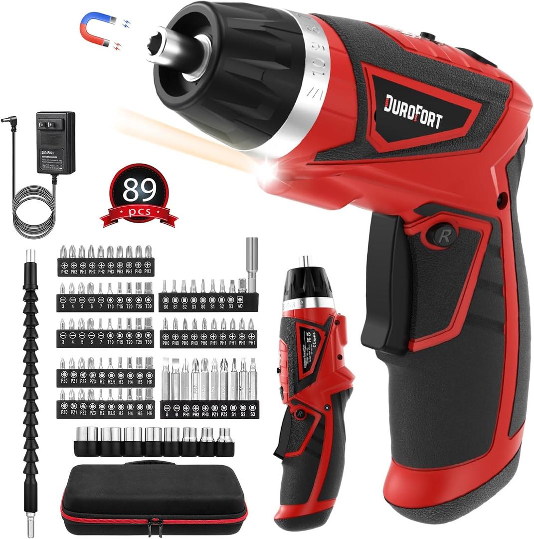 DuroFort Cordless Electric Screwdriver Set, 8V 10Nm Rechargeable Power Electric Drill, Battery Screw Gun with Driver Bit, 320RPM/10+1 Torque, 2 Position Handle, Flexible Shaft LED Light (Red, 89Pcs)