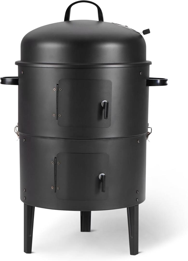 Am16 inch Vertical Charcoal Outdoor Smoker, BBQ Grill, with Built-in Thermometer, 2-Layer Design, Adjustable Air Supply Control, Black