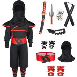 Ninjia Costume for Boys & Girls - Kids Ninja Costume Suit with Deluxe Ninja Accessories for Halloween Cospaly Dress Up (S ( 3-5 Years ), Red & Black 1)