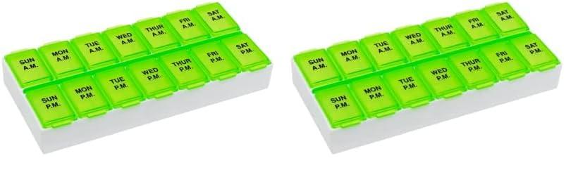 Ezy Dose Weekly (7-Day) AM/PM Pill Organizer, Vitamin Case, and Medicine Box, Medium Compartments, 2 Times a Day, Green, 67375GAMT (Pack of 2)