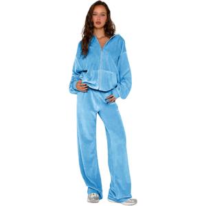 Womens 2 Piece Solid Velour Tracksuits Two Piece Velvet Lounge Outfits for Women, Long Sleeve Hoodie Tops Sweatsuits Casual Zip-Up Jacket Workout Pants Matching Set with Pockets, Sports Jogging Sets (Blue, S)