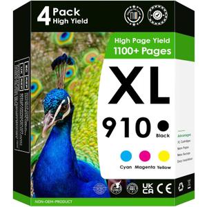 Compatible Replacement for HP 910xl. Works with OfficeJet Pro 8035e 8025e 8025 8022 8028 8035 8020 8015 Printers. 4 Pack (Black, Cyan, Magenta, Yellow)