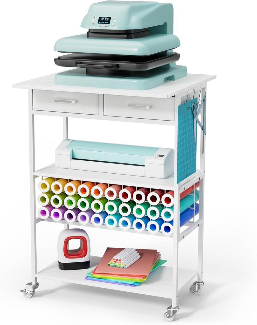 Homsorout Movable Heat Press Table - Heat Transfer Machine Stand Compatible for Cricut, Vinyl Roll Holder, Rolling Metal Wood Sublimation Printer Organizer for T Shirt Maker Craft, 23.6''19.6''