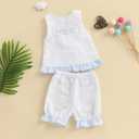 Toddler Girl Summer Outfit Letters Embroidery Cross Back Pinafore Top and Shorts Kids Striped Seersucker Clothes Set (Blue, 2-3T) (S)