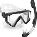 Greatever Snorkel Set Pano 3 Window Snorkel Mask Adult, Panoramic Wide View, Anti-Fog Scuba Diving Mask, Anti-Leak Snorkel Goggles Dry Top Snorkel, Professional Snorkeling Gear for Adults (Black White)
