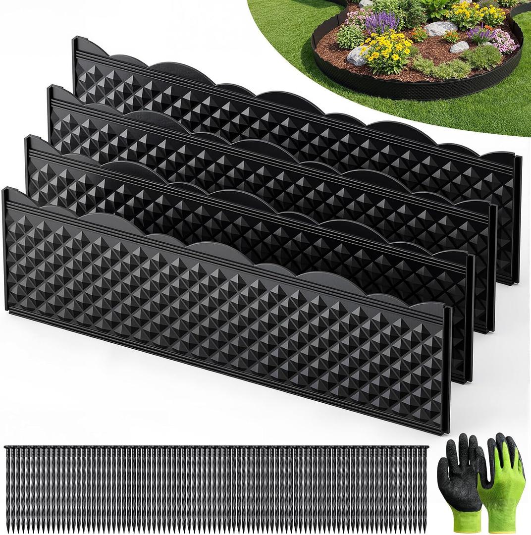 Grenebo 4.72"33.2' Landscape Edging Kit, Garden Edging Border with 75 Pcs Stakes & Gloves, No Dig Decorative Garden Edge Panels Flexible for Yard, Flower Bed, Landscaping & Lawn Edging (23 PCS)