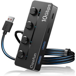 Qeefun 4-Port USB 3.2 Hub with 2 USB-C and 2 USB-A Ports, Individual LED Power Switches,10Gbps Data Transfer USB Splitter with 4ft Extension Cable, Multiple USB Extender for Laptop, PC, iMac etc
