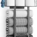 Large Towel Rack & Bathroom Towel Holder - Wall Mounted Metal Rack with Wooden Floating Shelf, Small Bathroom Towel Storage, Easy Holds 6 Large Rolled Towels, Black with Brown Plank (XL (31"))