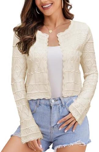 FAIRY SEASON Women's Cropped Cardigan Sweater Bell Long Sleeve Lightweight Crochet Button Down Knit Bolero Shrugs for Dresses Size XL