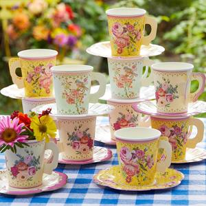 Talking Tables 24 x Vintage Paper Floral Disposable Tea Cups & Saucer Set, Afternoon Tea Party Table Decorations For Mothers Day, Birthday, Baby Shower, Wedding