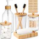 Bamboo Bathroom Accessory Set 5 Pcs, Boho Bathroom Accessories Sets Complete, Clear Bath Soap Dispenser and Toothbrush Holder Set, Soap Dish, Cotton Swab Jar, Boho Organizer