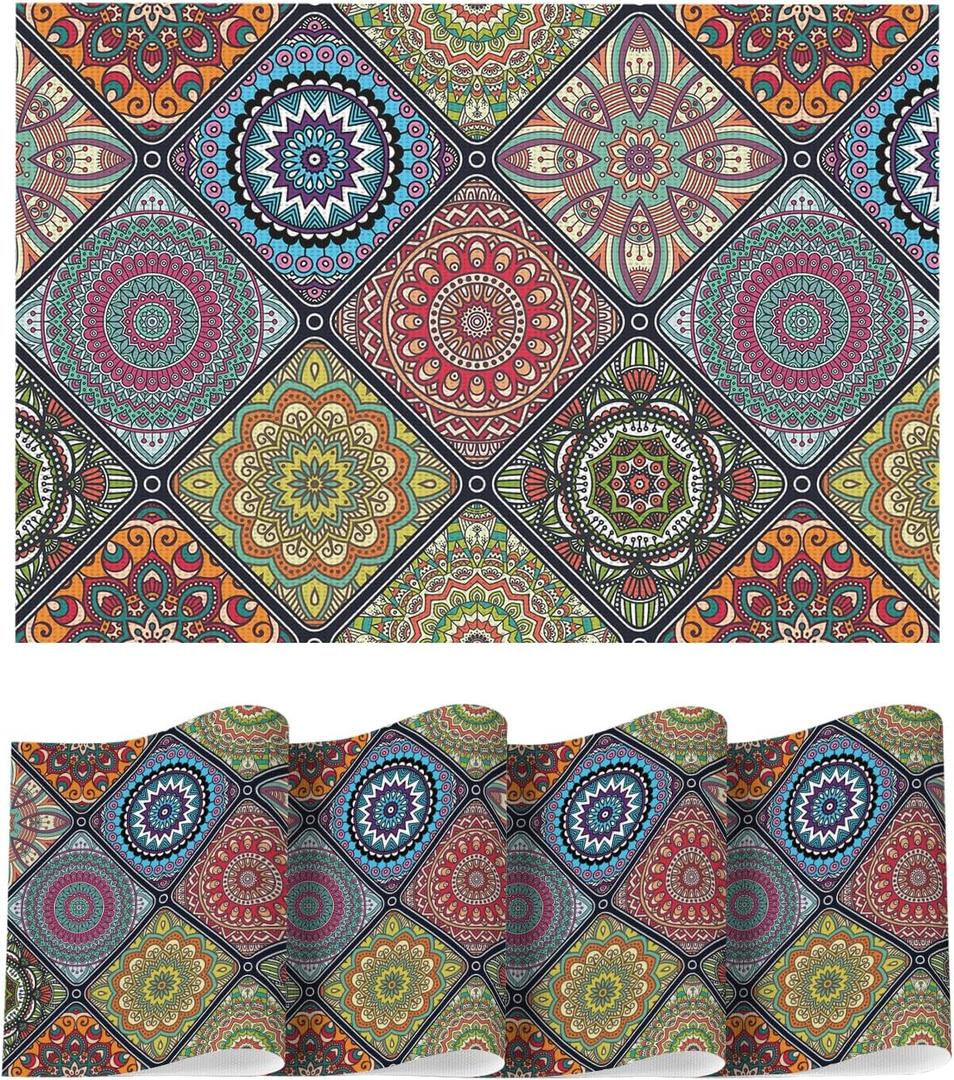 Artoid Mode Mandala Vinyl Plastic Placemats Set of 4, 12x18 Inch Washable Non-Slip Vintage Table Mats for Party Kitchen Dining Decor