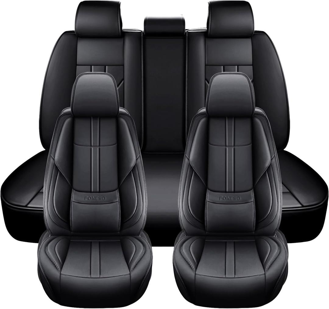 Foneso Universal Car Seat Covers 5 Seats, Nappa Leather Automotive Seat Covers Non-Slip Vehicle Accessories, Waterproof Seat Protector Fit for Sedan, Airbag Compatible, Back Support (Black, Full Set)