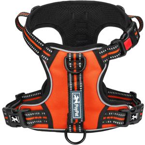 PoyPet No Pull Dog Harness, No Choke Front Clip Reflective Dog Vest with Soft Padded Vertical Handle, 3 Leash Attachments for Small Medium Large Dogs (Orange,L)
