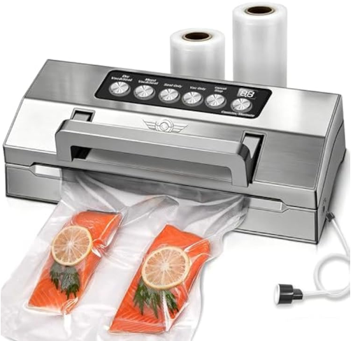 Precision Food Vacuum Sealer Machine, POWOT Fully Automatic Vacuum Sealing System, Commercial Food Vacuum Saver Pro, Double Heat Seal, EasyLock Handle, Builtin Cutter&Bag Storage, Hose&Bag Rolls