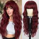 Lativ Wine Red Wig with Bangs Long Wavy Wigs for Women Curly Synthetic Heat Resistant Fibre Burgundy Wigs for Girls Daily Party Use 26 Inches