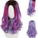 GNIMEGIL Long Wavy Wigs For Women Rainbow Colorful Halloween Party Wig Brown Roots Mixed Audrey Descendants Costumes For Women
