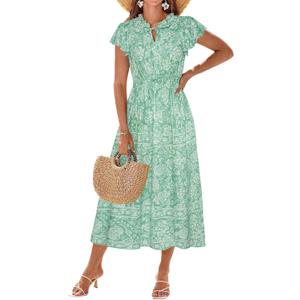GRACE KARIN Women's Floral Boho Dress Hawaiian Dresse Short Sleeve V Neck Summer Beach Wedding Guest Swing Maxi Sundress (Green, L)